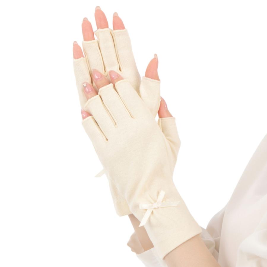 手袋 UV手袋 ショート コットン 綿 レディース 春夏用 五指・指切り 無地 リボン 全面すべり止め付き /メール便送料無料 UVカット UVケア |  | 11