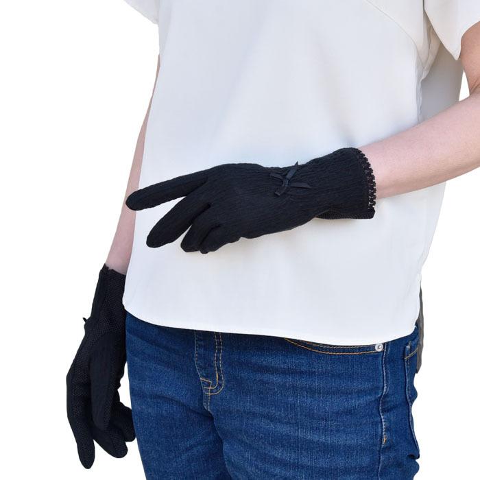 手袋 UV手袋 ショート コットン 綿 楊柳 レディース 春夏用 五指・指切り 無地 リボン 全面すべり止め付き /メール便送料無料 UVカット UVケア |  | 10