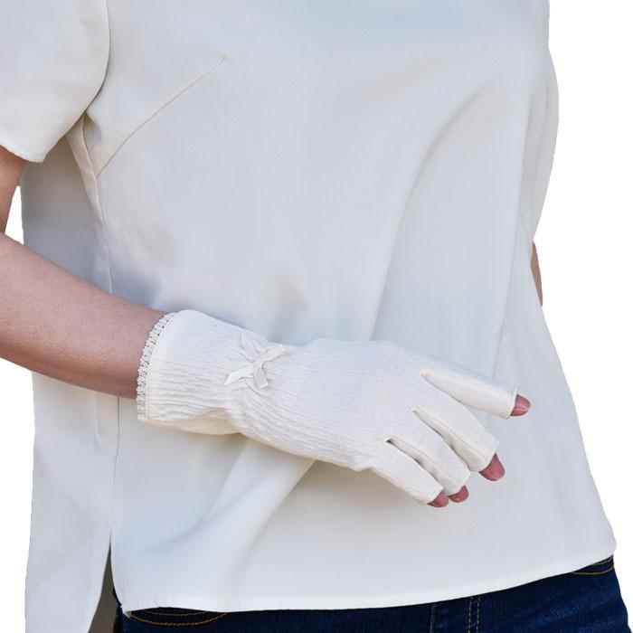 手袋 UV手袋 ショート コットン 綿 楊柳 レディース 春夏用 五指・指切り 無地 リボン 全面すべり止め付き /メール便送料無料 UVカット UVケア |  | 12