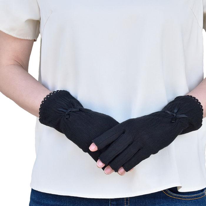 手袋 UV手袋 ショート コットン 綿 楊柳 レディース 春夏用 五指・指切り 無地 リボン 全面すべり止め付き /メール便送料無料 UVカット UVケア |  | 14