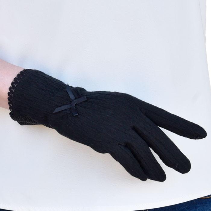 手袋 UV手袋 ショート コットン 綿 楊柳 レディース 春夏用 五指・指切り 無地 リボン 全面すべり止め付き /メール便送料無料 UVカット UVケア |  | 02