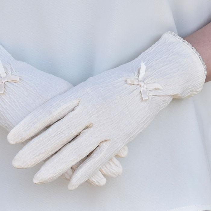 手袋 UV手袋 ショート コットン 綿 楊柳 レディース 春夏用 五指・指切り 無地 リボン 全面すべり止め付き /メール便送料無料 UVカット UVケア |  | 03