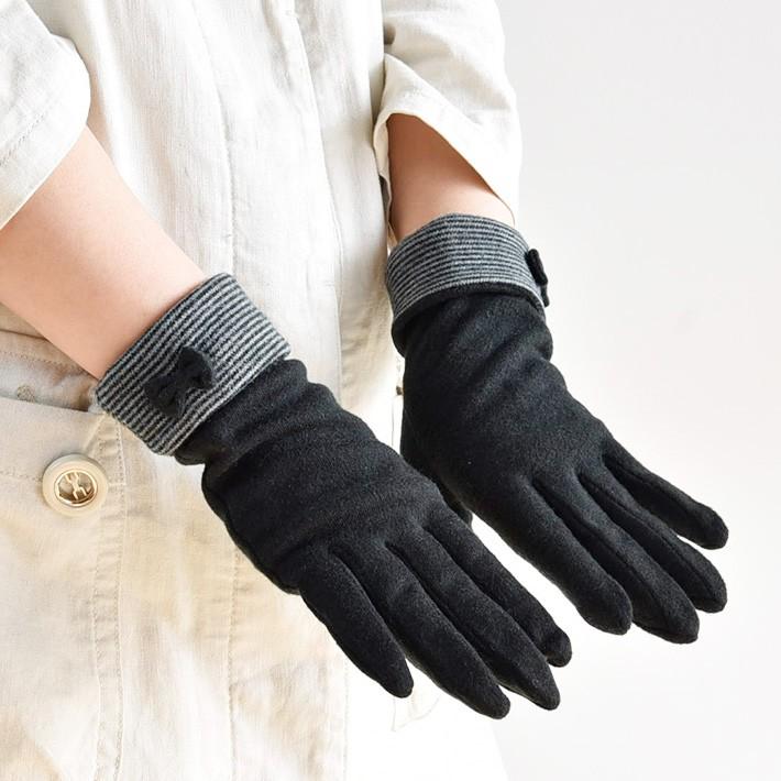 手袋 レディース 防寒 ジャージ リボン 裾折り返しボーダー スマホ対応 /暖かい 柔らかい 保温 通勤 通学 アームウォーマー あったかグッズ |  | 01