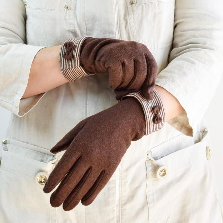 手袋 レディース 防寒 ジャージ リボン 裾折り返しボーダー スマホ対応 /暖かい 柔らかい 保温 通勤 通学 アームウォーマー あったかグッズ |  | 02