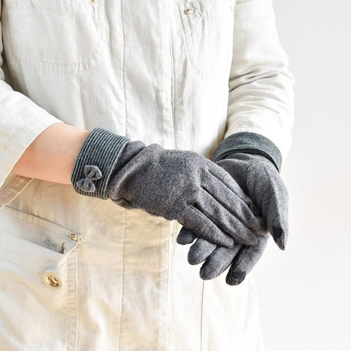 手袋 レディース 防寒 ジャージ リボン 裾折り返しボーダー スマホ対応 /暖かい 柔らかい 保温 通勤 通学 アームウォーマー あったかグッズ |  | 03
