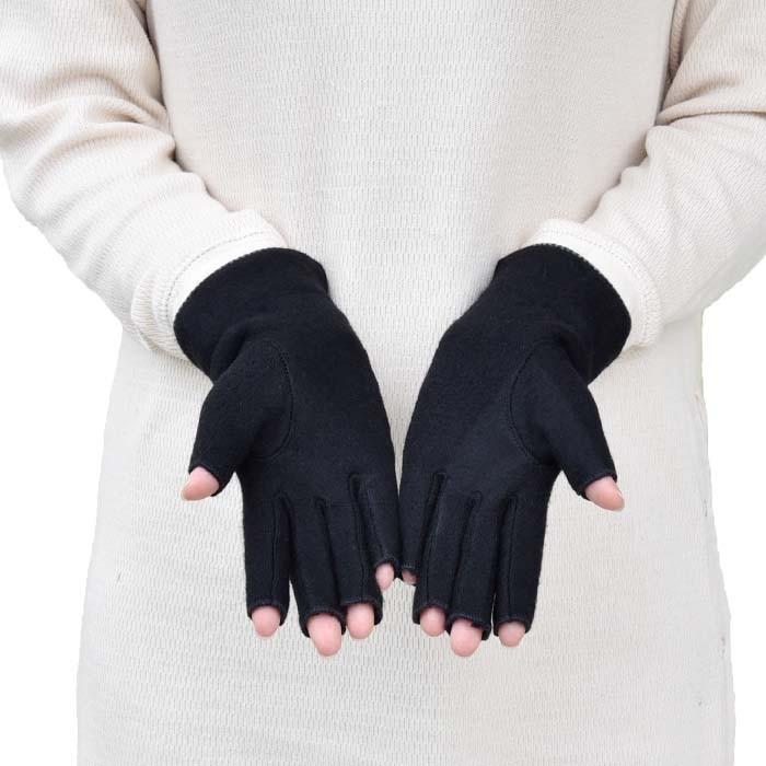 手袋 レディース 防寒 ジャージ 指切り 裾ボーダー 三本飾り 【メール便送料無料】暖かい 柔らかい 保温 通勤 通学 あったかグッズ |  | 02