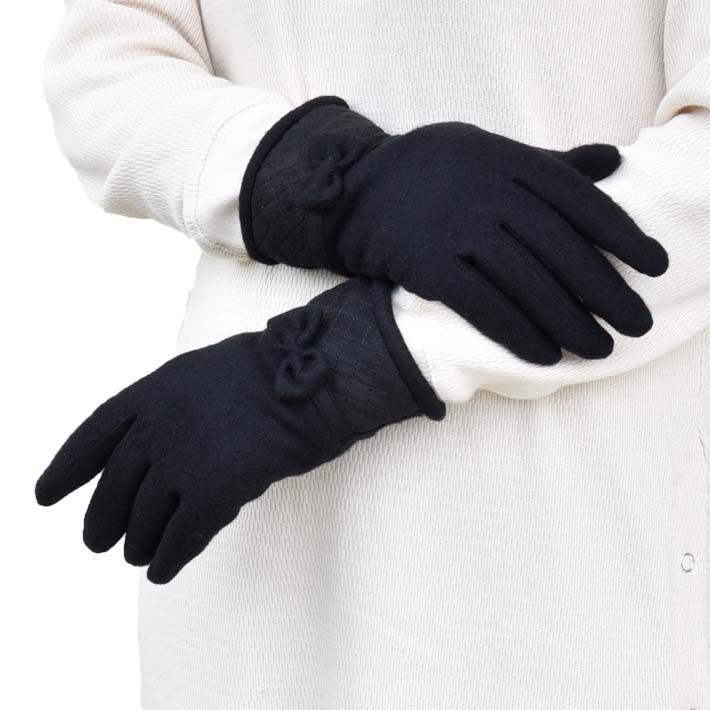 手袋 レディース 防寒 ジャージ 裏ボア リボン 裾キルティング 【メール便送料無料】暖かい 柔らかい 保温 通勤 通学 あったかグッズ |  | 03