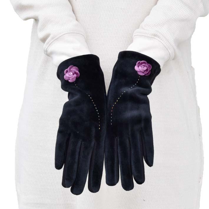 手袋 レディース 防寒 ジャージ ベロア風 花コサージュ 裏フリース 裏ボア 【メール便送料無料】 /保温 暖かい 柔らかい おしゃれ 通勤 通学 あったかグッズ |  | 01