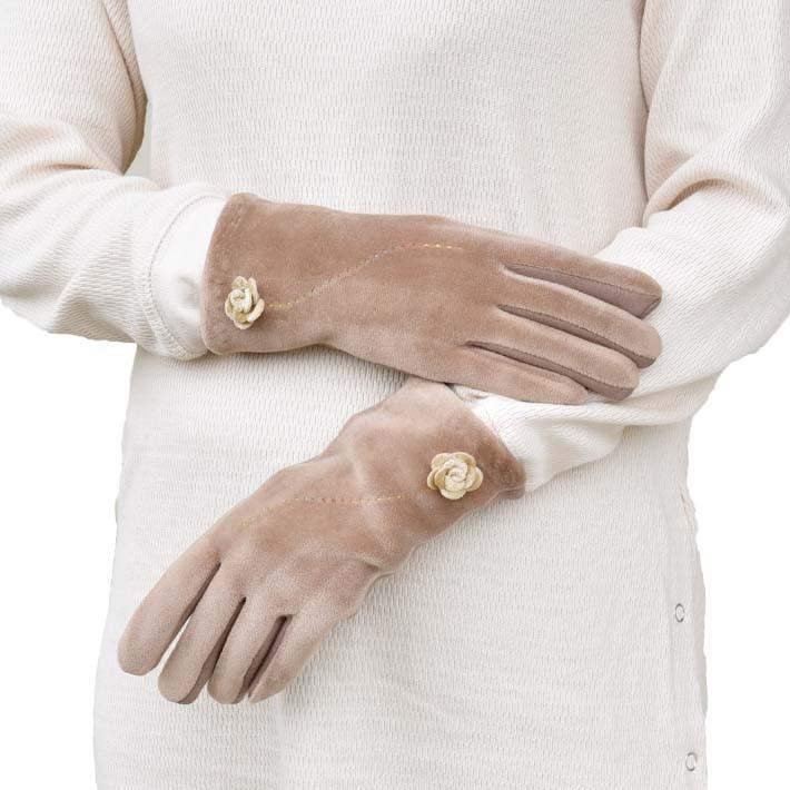 手袋 レディース 防寒 ジャージ ベロア風 花コサージュ 裏フリース 裏ボア 【メール便送料無料】 /保温 暖かい 柔らかい おしゃれ 通勤 通学 あったかグッズ |  | 03