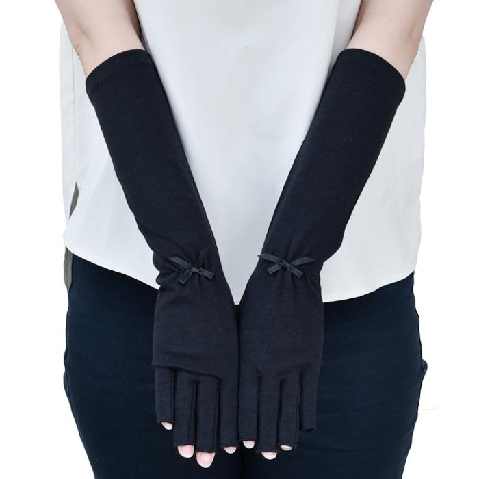 手袋 UV手袋 ミドル 五指・指切り・指なし（選べるデザイン） 大豆繊維 冷感 レディース 無地 リボン すべり止め メール便送料無料 UVカット |  | 03