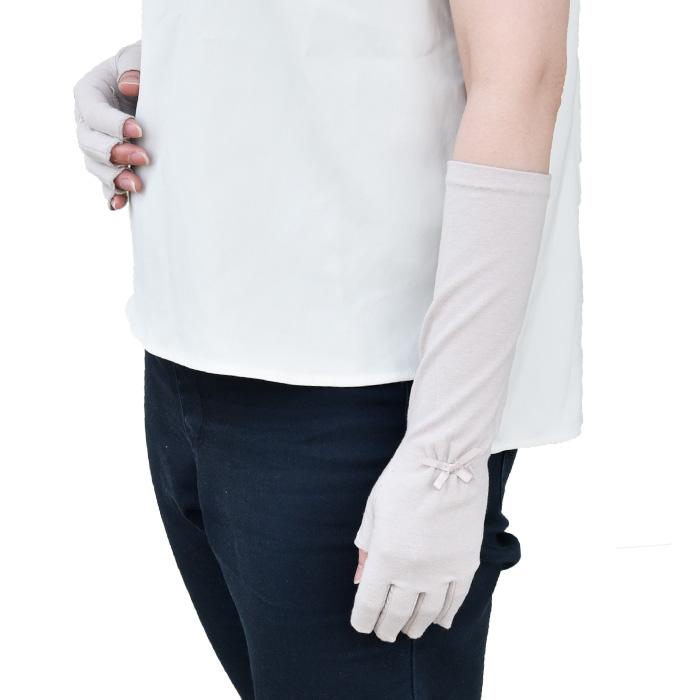 手袋 UV手袋 ミドル 五指・指切り・指なし（選べるデザイン） 大豆繊維 冷感 レディース 無地 リボン すべり止め メール便送料無料 UVカット |  | 05