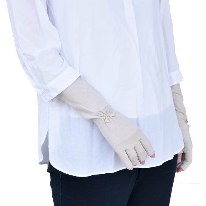 手袋 UV手袋 ミドル 五指・指切り・指なし（選べるデザイン） 大豆繊維 冷感 レディース 無地 リボン すべり止め メール便送料無料 UVカット |  | 06