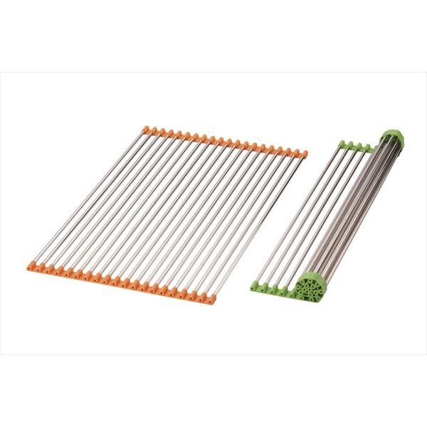 折りたたみ 水切りラック/キッチン用品 〔20本 グリーン〕 約574×330×10mm 日本製 ステンレス製 〔台所〕 | 