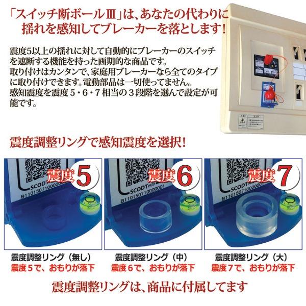 ブレーカー 自動遮断装置 約幅3.4×奥行2.8×高さ5.8cm スイッチ断ボール3 キャップ5種 水平器付き 日本製 防災用品 地震対策 |  | 03