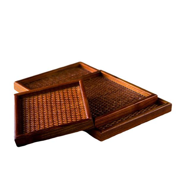 木製トレー ラタン 手織り お盆 食器 編上げお皿 編上げお盆 収納