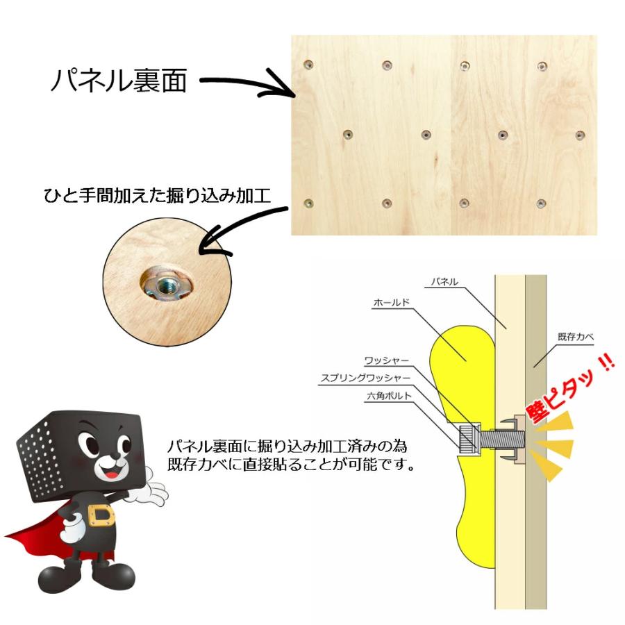 壁ピタッ！ボルダリングパネル 910ｍｍ×606.6ｍｍ×18ｍｍ 3枚入り ホワイトヒッコリー 白 ホワイト ボルダリングボード クライミング ウォール｜handy-wood-cc｜07