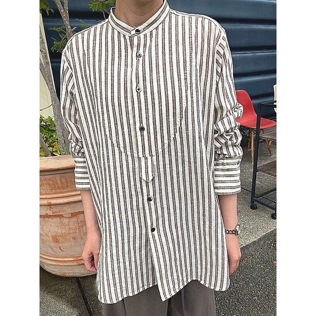 ルメランジュ シャツ ロングシャツ Le melange 6153202 綿麻 バンドカラー マルチストライプシャツ 103.IVORY | Le Melange