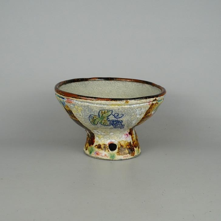 盆栽鉢 文山  越前文山 小型 長辺 約18cm 鯖江園芸 丸鉢 色絵 ぶどう 葡萄 ブドウ 高杯 釉薬 観賞用 現品 新品の画像