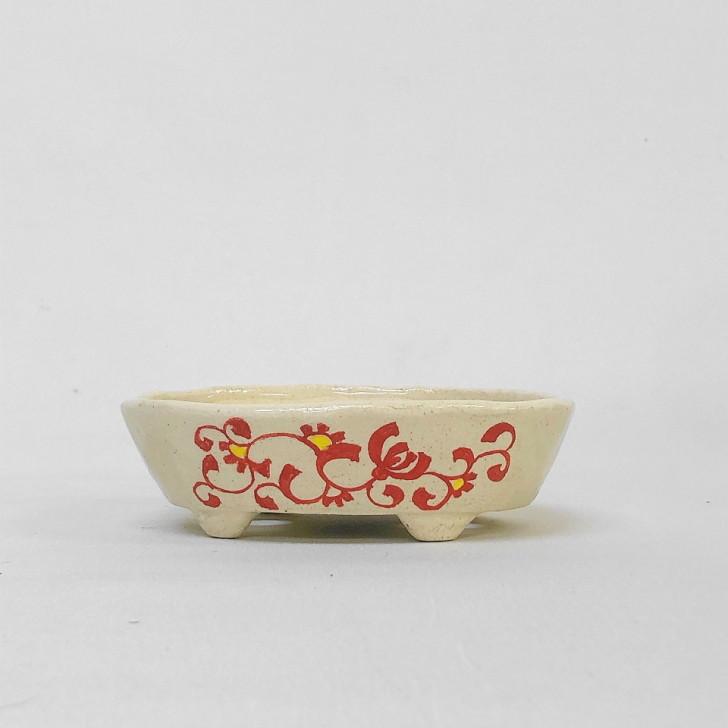 盆栽鉢 文山 越前文山 小型 長辺 13cm 楕円鉢 赤絵 花 竹 観賞用 現品