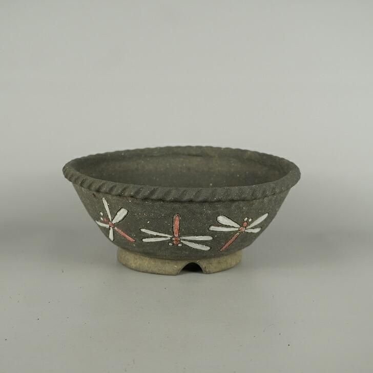盆栽鉢 文山 越前文山 中型 長辺 約 21.5cm 鯖江園芸 丸鉢 色絵 蜻蛉 とんぼ トンボ 泥物 鑑賞 観賞用 現品 新品_2