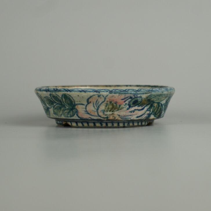 中古】盆栽鉢 初代 祥石 小鉢 長辺 約 9.2cm 丸鉢 色絵 花 ハナ 蜂 