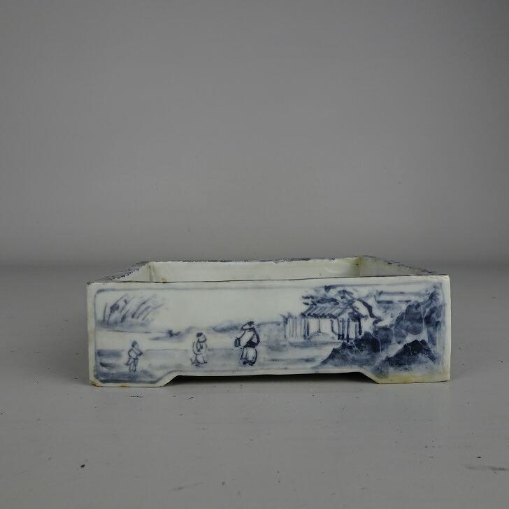 盆栽鉢　落款有り 盆栽鉢 落款あり 小型 長辺 約 13.5cm 長方鉢 染付 人物 風景 鑑賞