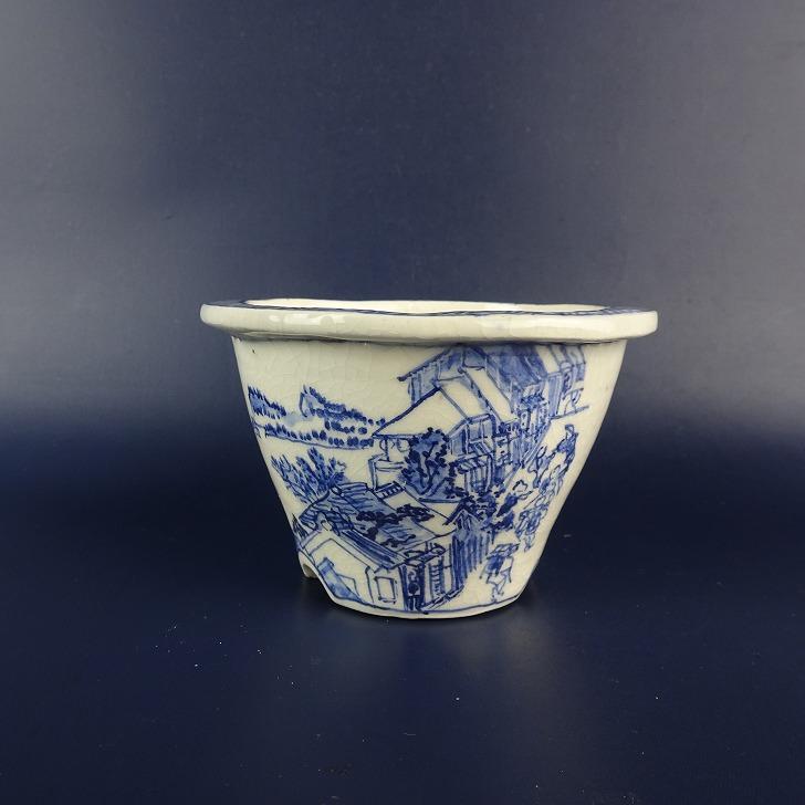 植木鉢　染付鉢　写し品　中古品 中古】盆栽鉢 森清 小鉢 長辺 約 9.1cm 丸鉢 外縁 染付 東海道 五拾