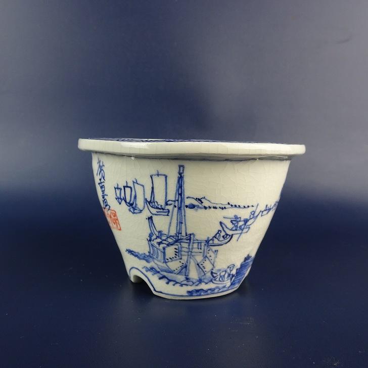 中古】盆栽鉢 森清 小鉢 長辺 約 9.1cm 丸鉢 外縁 染付 東海道 五拾