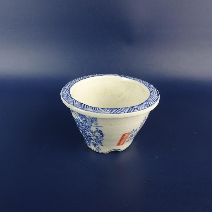 中古】盆栽鉢 森清 小鉢 長辺 約 9.1cm 丸鉢 外縁 染付 東海道 五拾