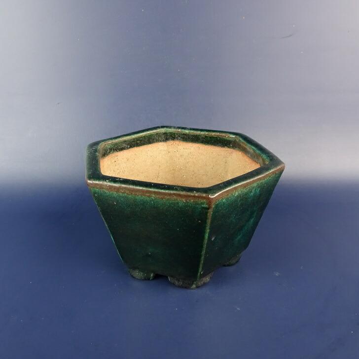 【中古】盆栽鉢 常滑 鴻陽 小型 長辺 約 13.6cm 六角鉢 釉薬 和鉢 現品 中古鉢_1