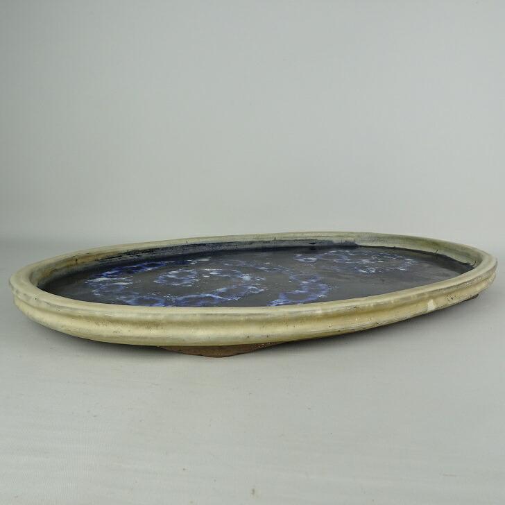 中古】水盤 義村秀峰 大型 長辺 約62cm 楕円 鉢 水石 盆栽 花器 釉薬 