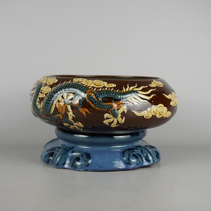 中古】 鉢 水鉢 落款あり 中型 長辺 約26cm 丸型 色絵 龍 りゅう