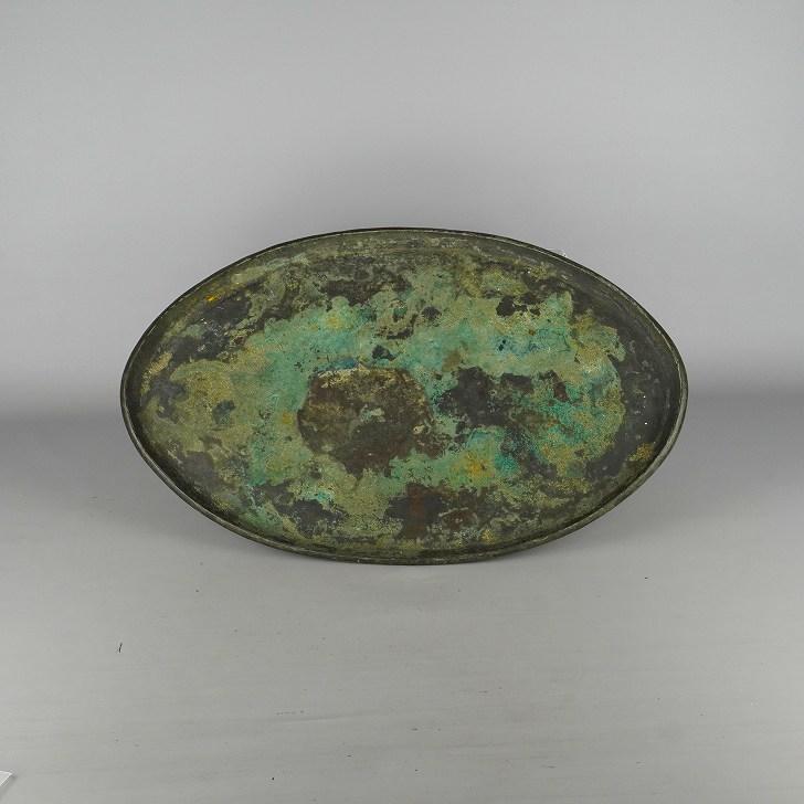 中古】水盤 銅水盤 大型 長辺 約55.5cm 楕円 落款なし 銅盤 小判 鉢
