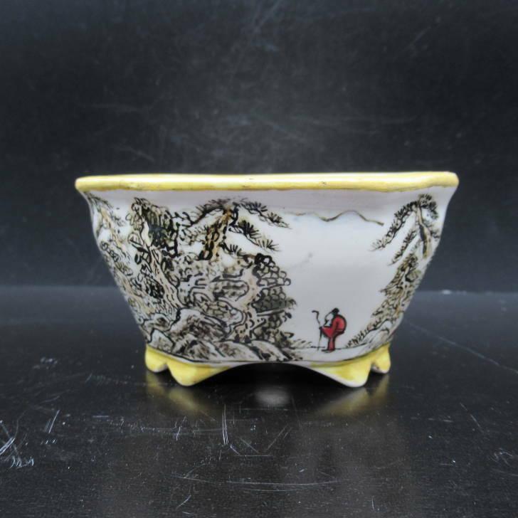 誠昭 色絵 山水人物図 木瓜 盆栽鉢 新品 現品_1