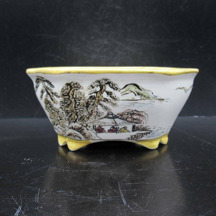 誠昭 色絵 山水人物図 木瓜 盆栽鉢 新品 現品_2