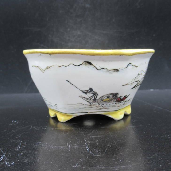 誠昭 色絵 山水人物図 木瓜 盆栽鉢 新品 現品_3