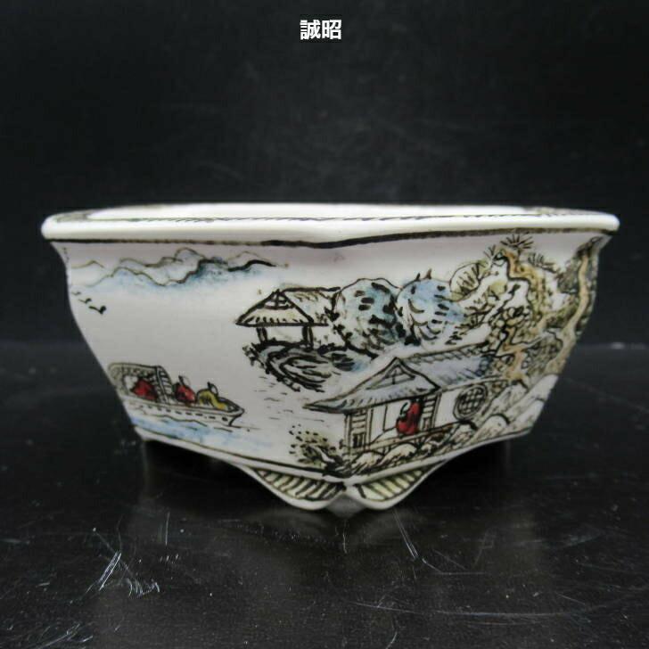 誠昭 色絵 山水人物図 六角 盆栽鉢 新品 現品
