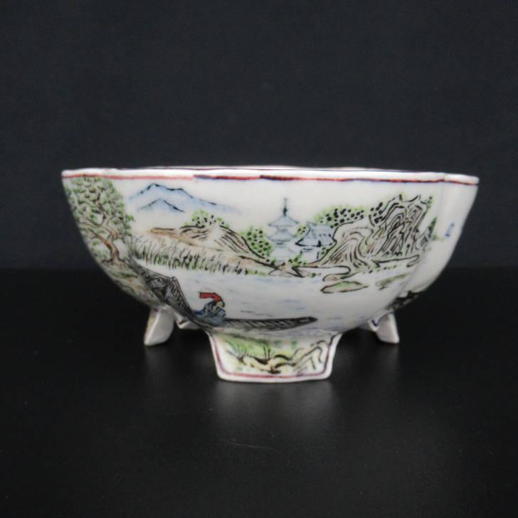 梢風 盆栽鉢 木瓜 色絵 山水人物図 新品 現品
