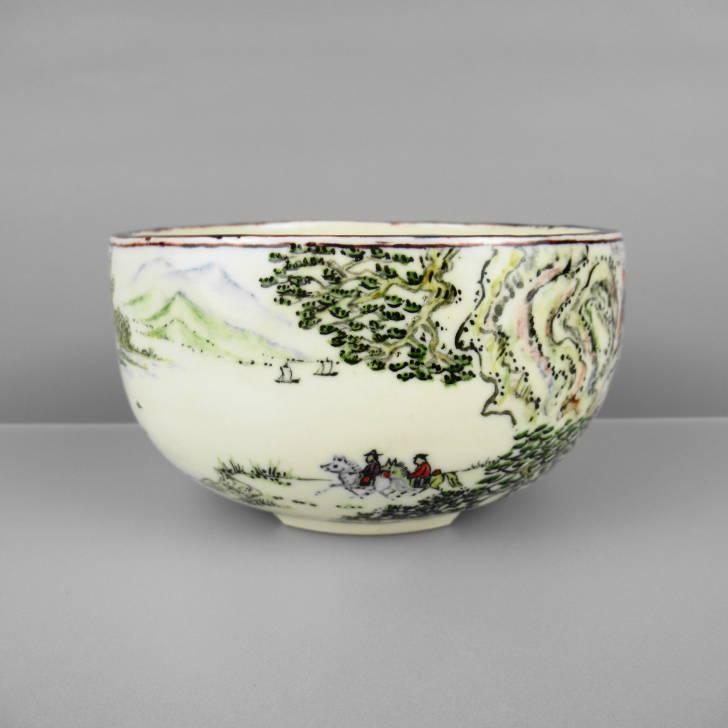 梢風 盆栽鉢 丸鉢 色絵 山水人物図 現品 新品