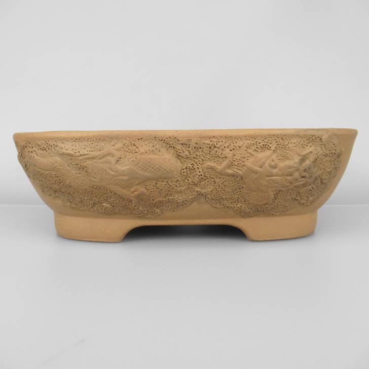 和泉窯 松下益久 盆栽鉢 長方 泥鉢 龍 浮彫 現品 新品 : はニわ株式