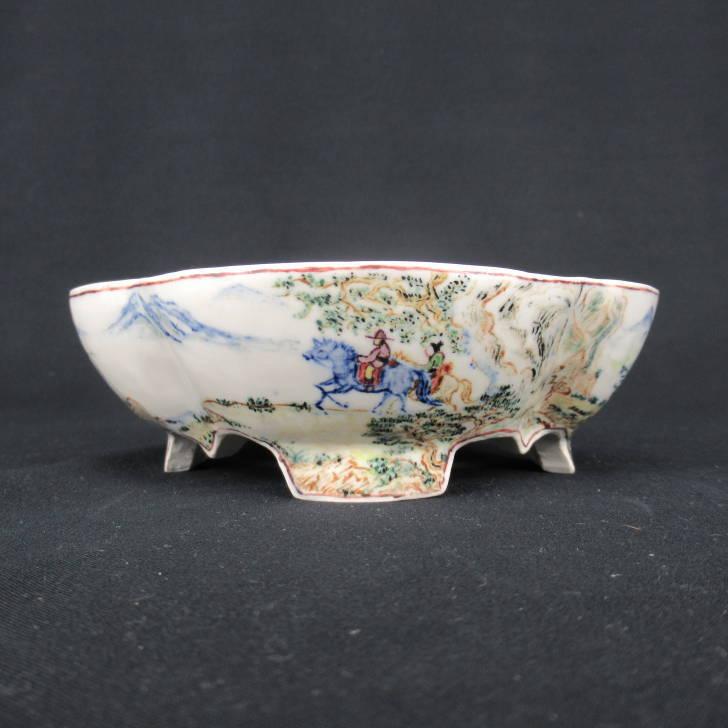 梢風 盆栽鉢 木瓜 色絵 山水人物図 現品 新品