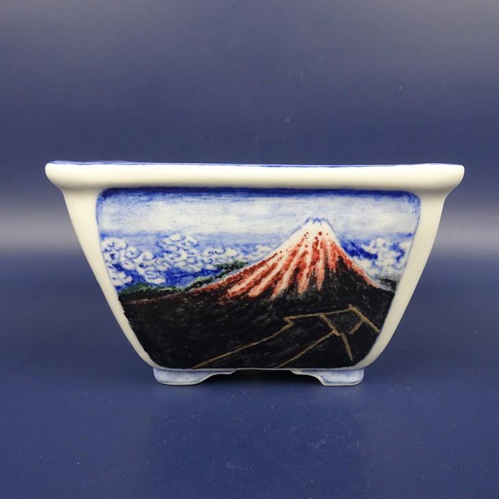 陶雀 染付山水図 外縁六角盆栽鉢 美品 約11.3cm 盆栽鉢 紀伊 小型 長辺 約11cm 正方鉢 外縁 色絵 風景 人物画 富士山