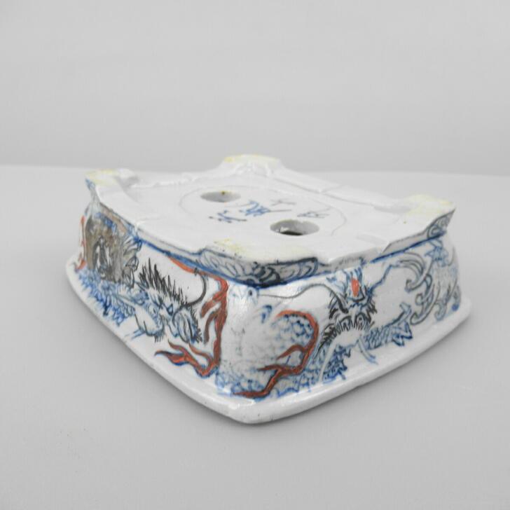 盆栽鉢 谷 嵐山 小型 長辺 約11.5cm 長方鉢 色絵 龍 観賞用 現品