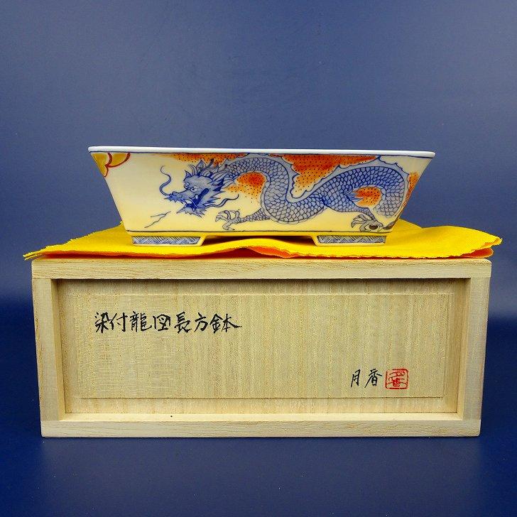 盆栽鉢 月香 小型 長辺 約15.8cm 長方鉢 染付 龍図 リュウ 共箱 共布 