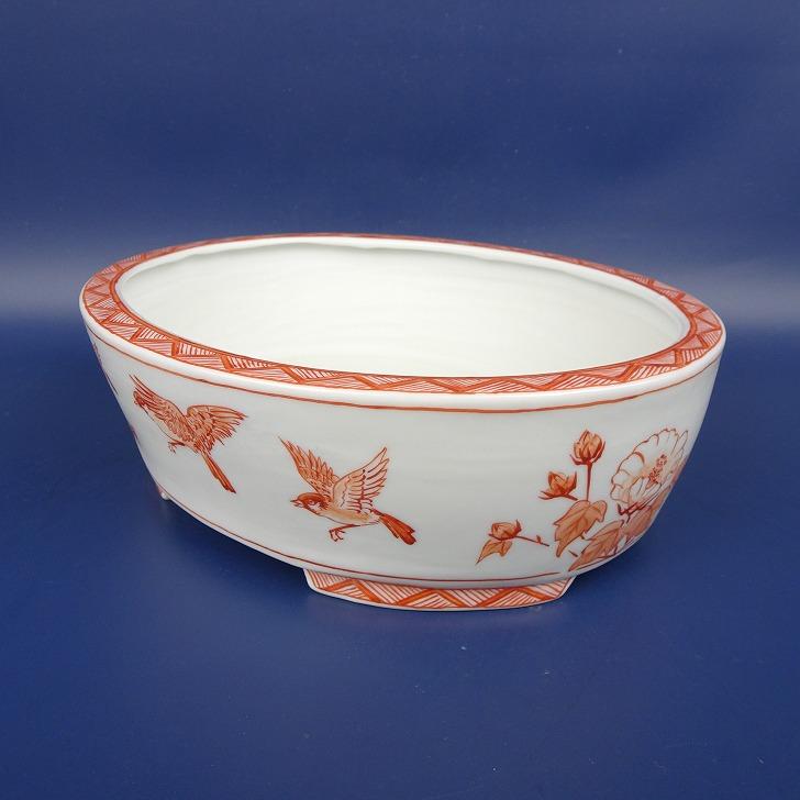 盆栽鉢 月香 小型 長辺 約17.4cm 楕円鉢 赤絵 雀画 鳥 花 共箱 盆栽鉢 月香 小型 長辺 約17.4cm 楕円鉢 赤絵 雀画 鳥 花 共箱