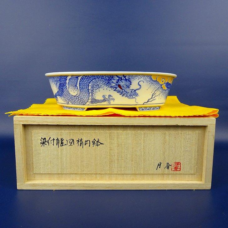 ミニ盆栽鉢　龍　未使用　共箱　箱書有　　共布有　高さ約５CM 盆栽鉢 月香 小型 長辺 約16.5cm 楕円鉢 染付 龍図 竜 リュウ 共箱