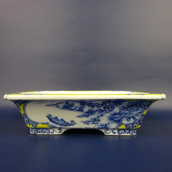 盆栽鉢 春嘉 小型 長辺 約18.5cm 長方鉢 外縁 隅入 染付 山水図 盆栽鉢 春嘉 小型 長辺 約18.5cm 長方鉢 外縁 隅入 染付 山水図