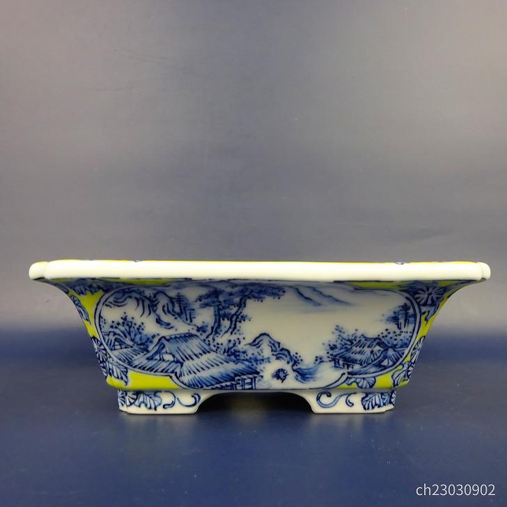 盆栽鉢 春嘉 小型 長辺 約18.5cm 長方鉢 外縁 隅入 染付 山水図 盆栽鉢 春嘉 小型 長辺 約18.5cm 長方鉢 外縁 隅入 染付 山水図