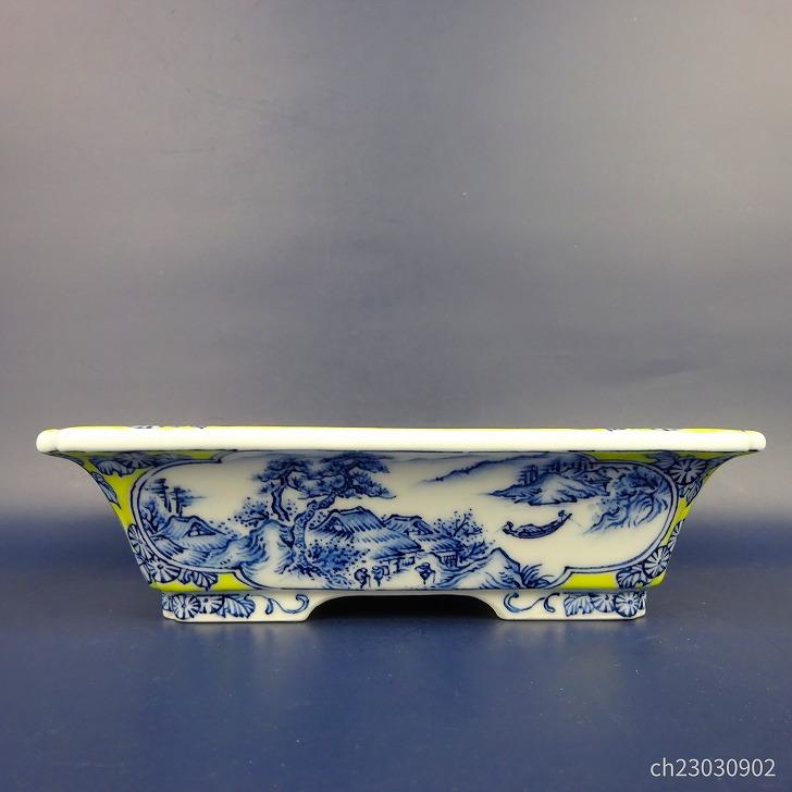 盆栽鉢 春嘉 小型 長辺 約18.5cm 長方鉢 外縁 隅入 染付 山水図 盆栽鉢 春嘉 小型 長辺 約18.5cm 長方鉢 外縁 隅入 染付 山水図