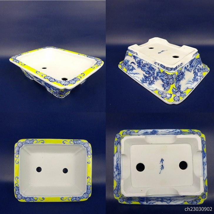 盆栽鉢 春嘉 小型 長辺 約18.5cm 長方鉢 外縁 隅入 染付 山水図 盆栽鉢 春嘉 小型 長辺 約18.5cm 長方鉢 外縁 隅入 染付 山水図